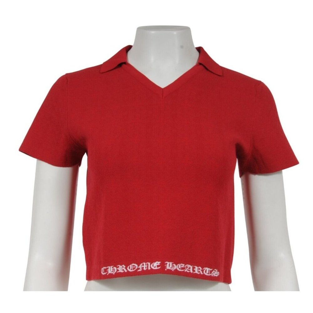 Chrome Hearts Women Logo V Neck Polo Crop Top  Medium Red Viscose Blend Shirt